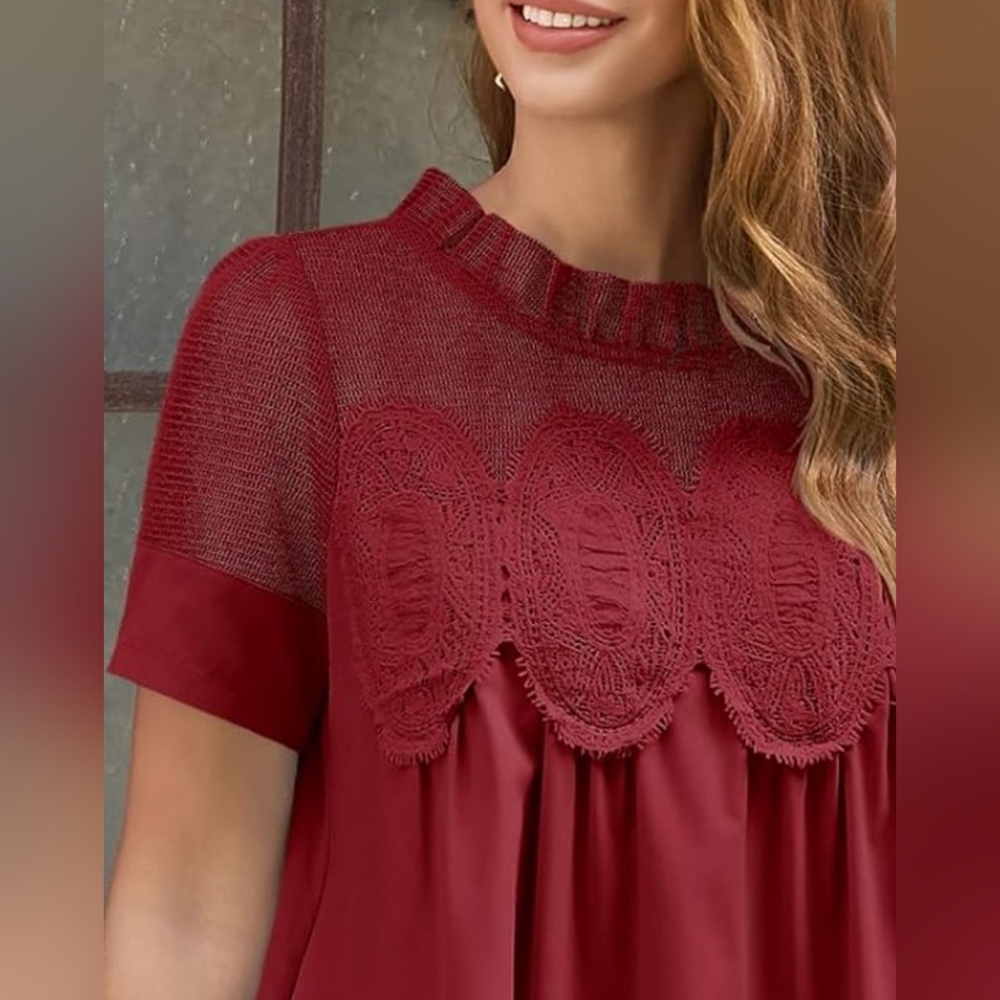 Burgundy Lace Babydoll Mini Dress | Boho Cottagecore | Size L - Picture 5 of 6
